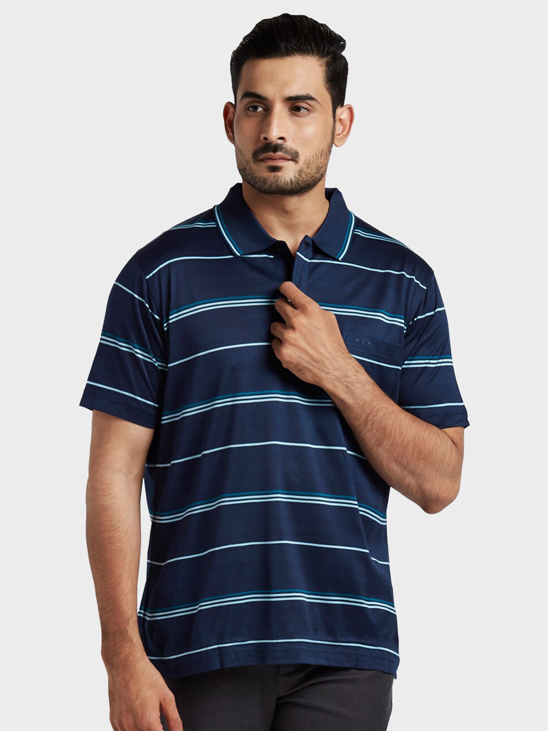 

ColorPlus Men Blue Striped Polo Collar T-shirt