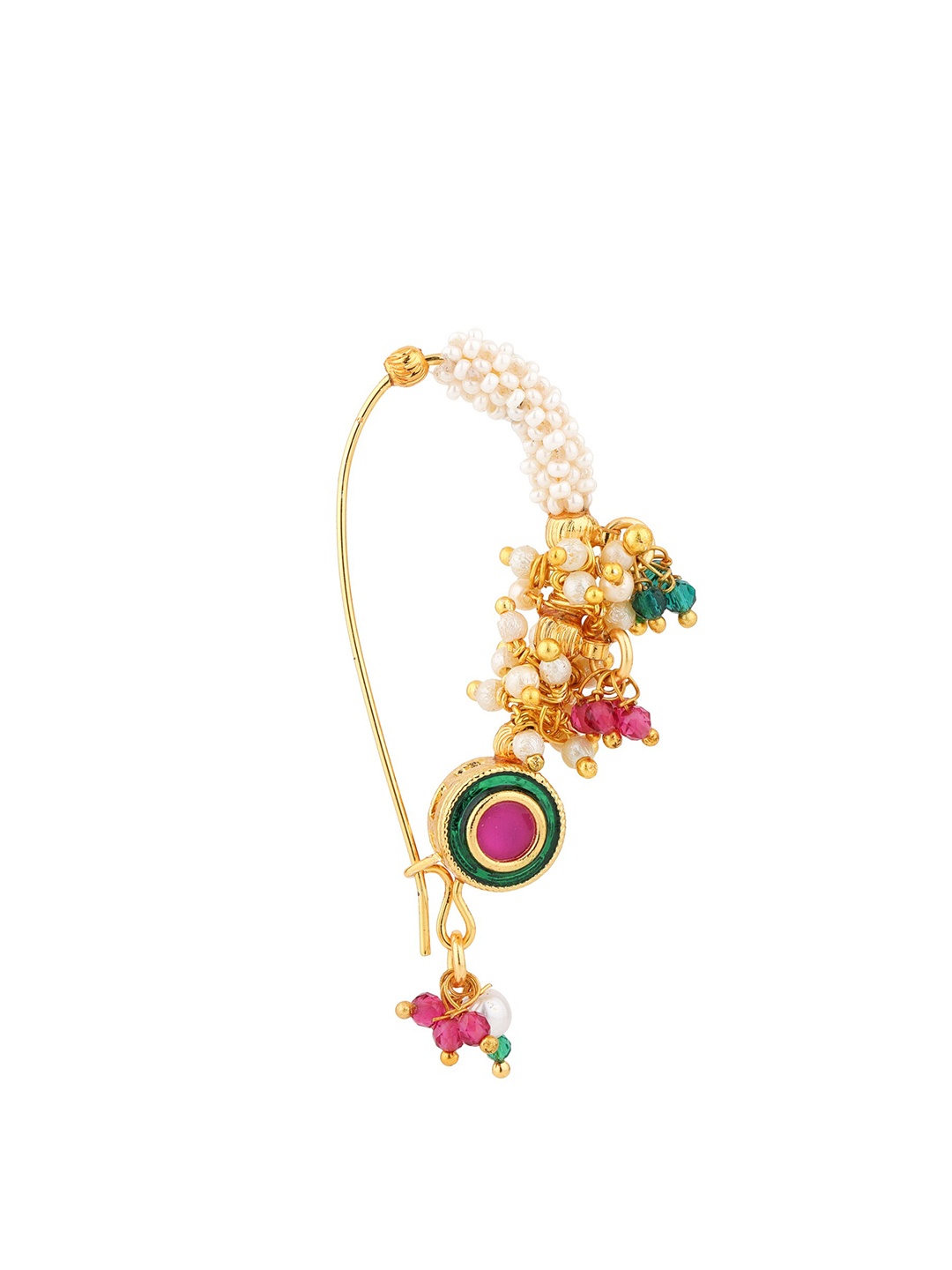 

Sanjog Gold-Plated Ruby Pink & Kundan Studded Maharashtrian Nosepin