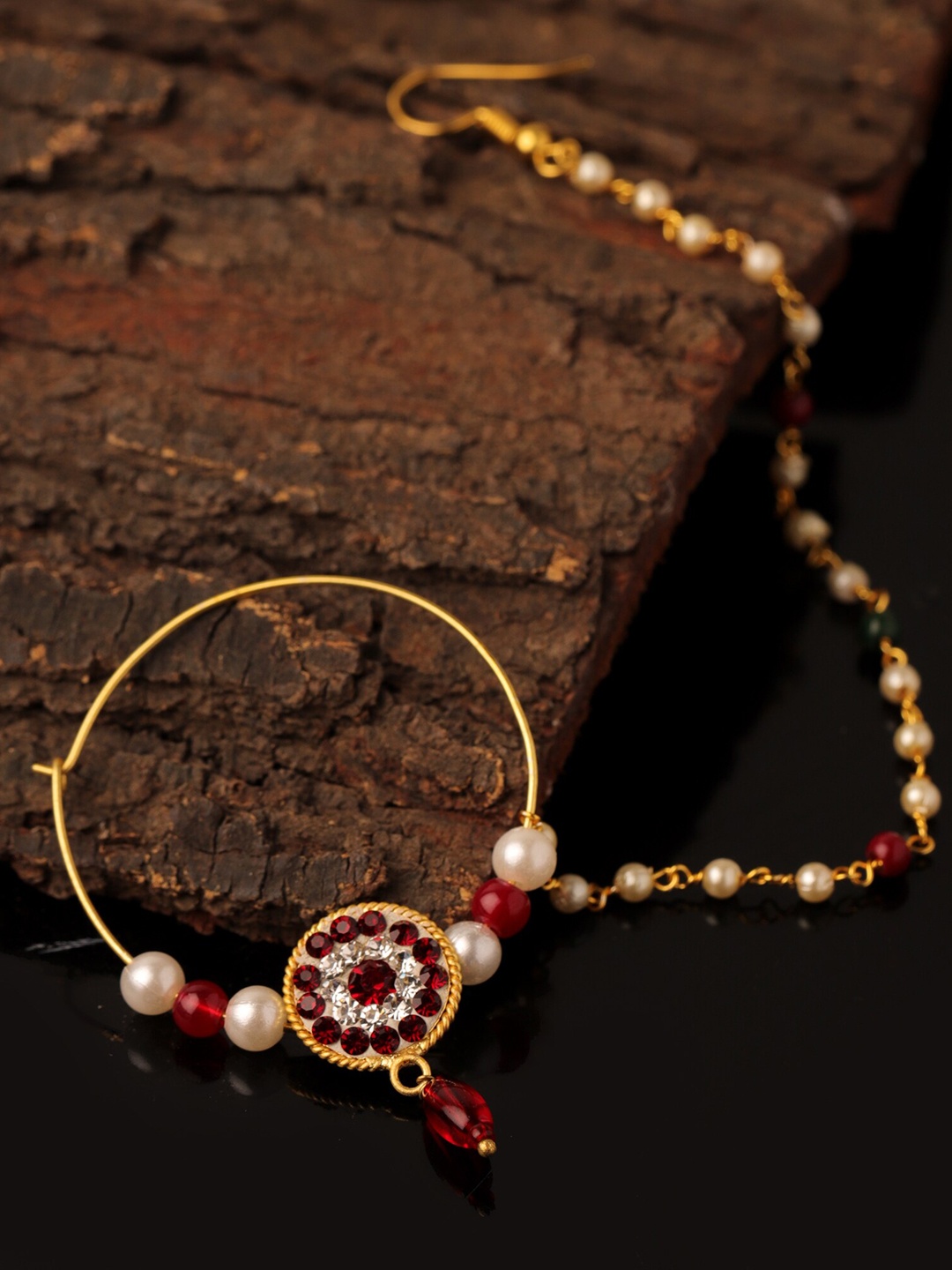 

Sanjog Gold-Plated White & Maroon Cz-Studded Chained Nose Pin