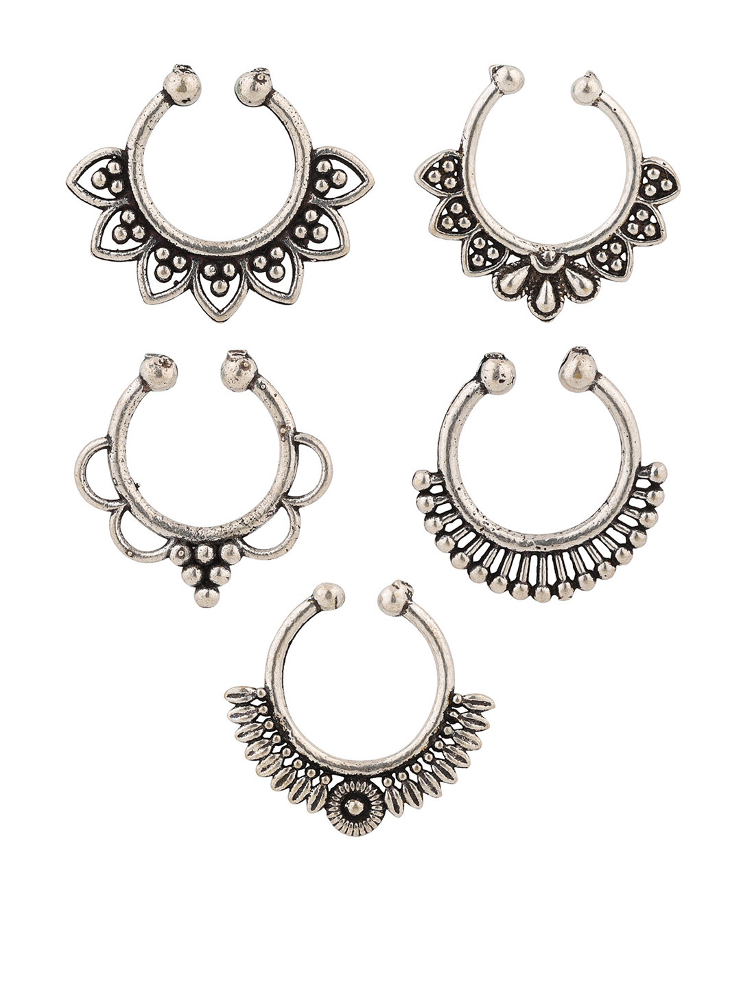 

Sanjog Set Of 5 Oxidised Silver -Plated Clip-on Nosepin
