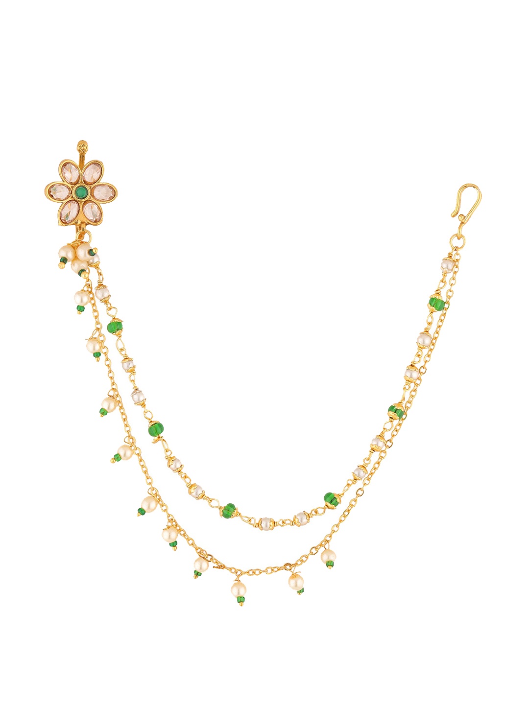 

Sanjog Women Gold-Plated White & Green Kundan-Studded Beaded Press Clip On Nose Pin