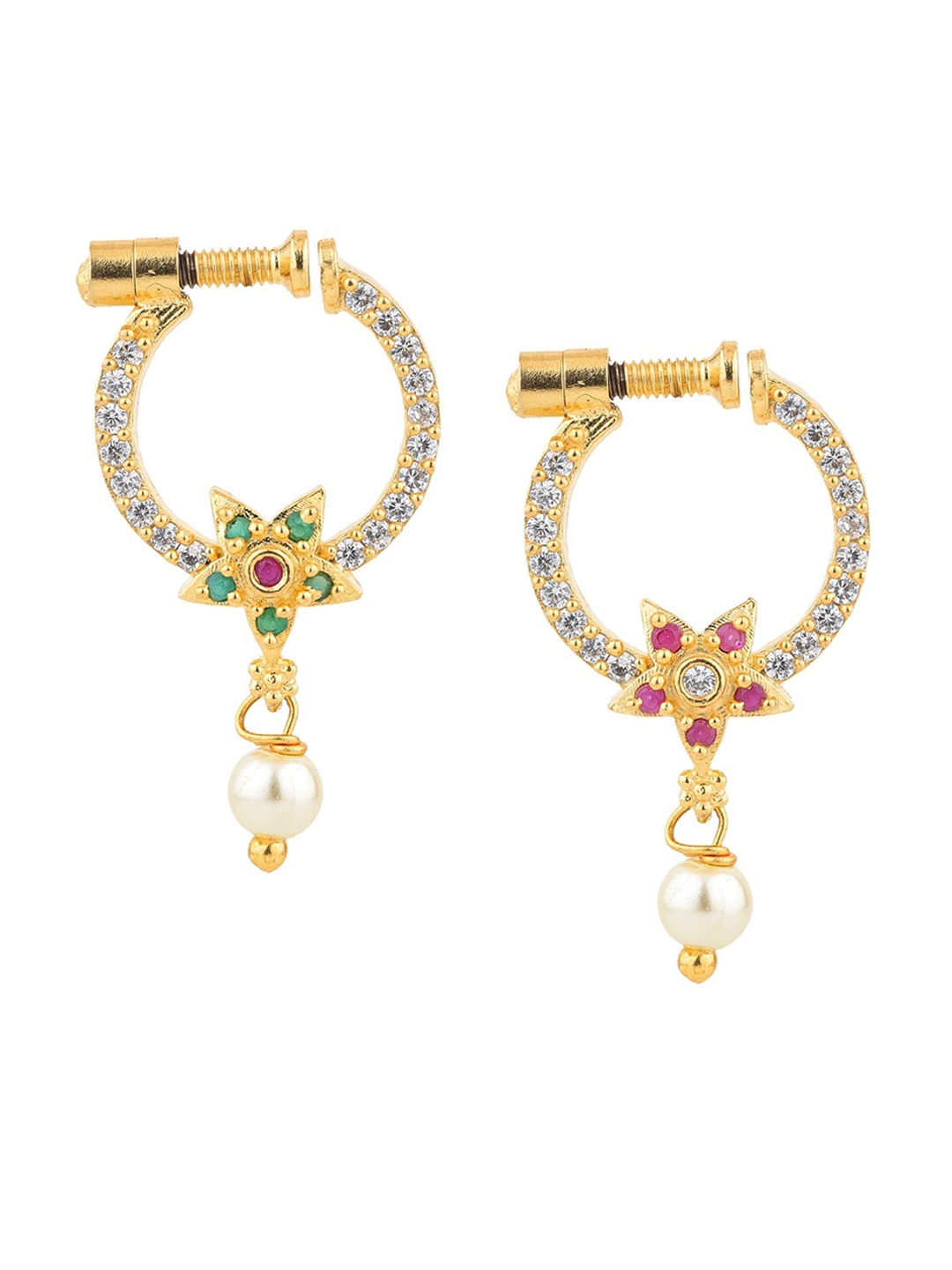 

Sanjog Set Of 2 Gold-Plated & Red CZ-Studded Non-Piercing Nose Pin