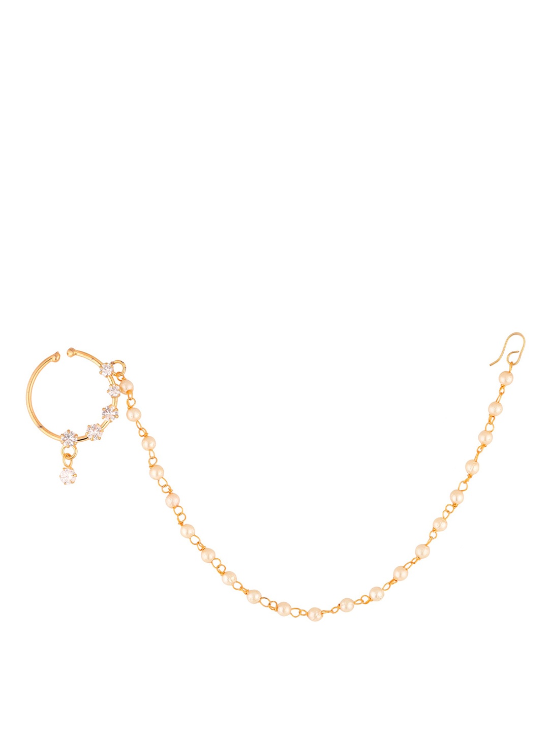 

Sanjog Gold-Plated White CZ Studded Chained Non-Piercing Nosering