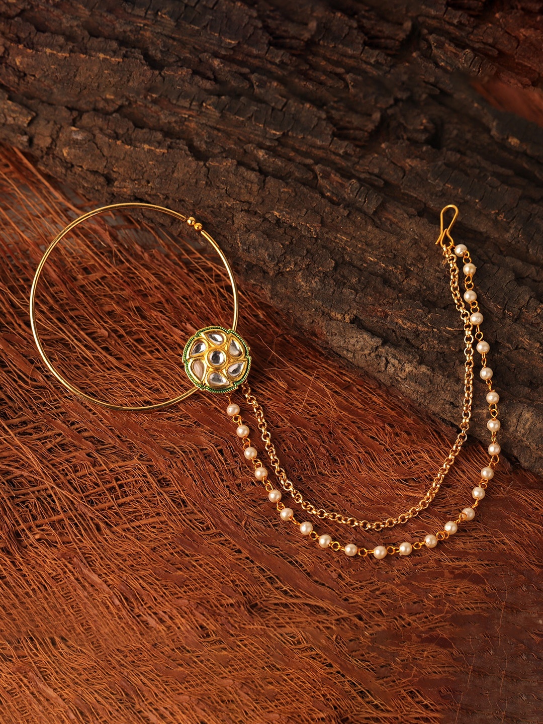 

Sanjog Gold-Plated & White Kundan Studded & Beaded Chained Non-Piercing Nosepin