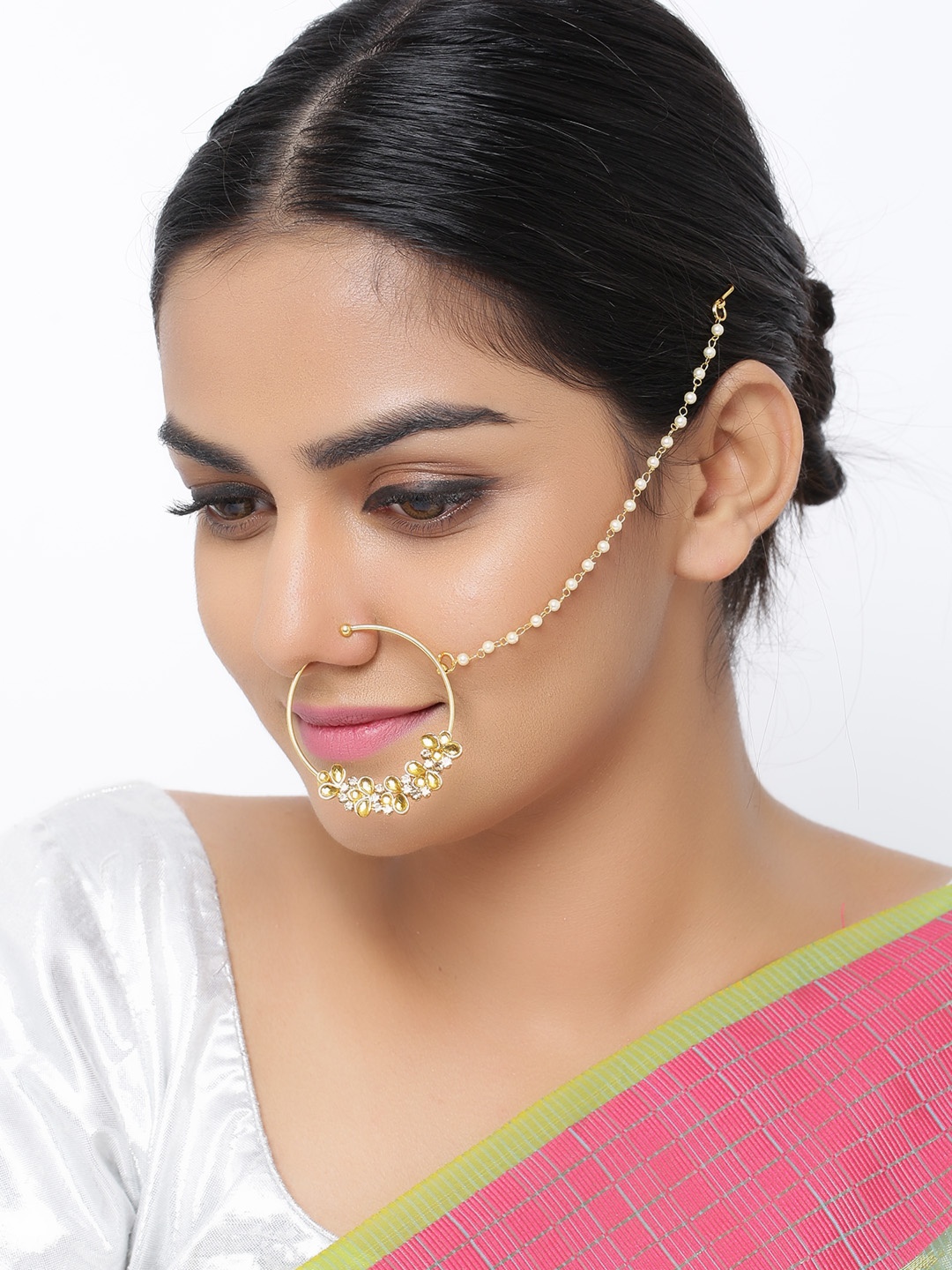 

Sanjog Gold-Plated Yellow & White Kundan-Studded & Pearl Non-Piercing Bridal Nosepin