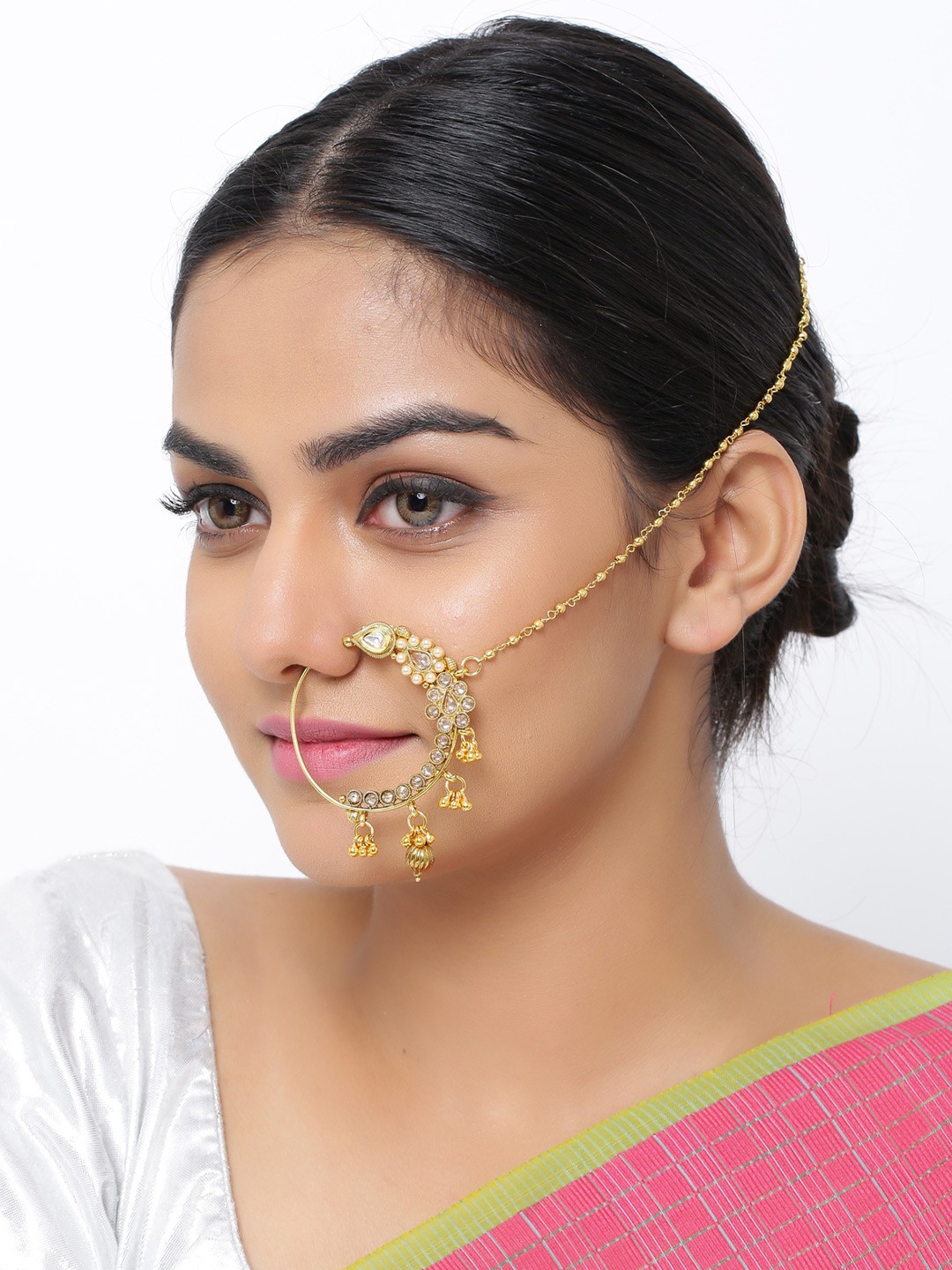 

Sanjog Gold-Plated White Kundan Studded & Beaded Chained Non-Piercing Bridal Nose Pin