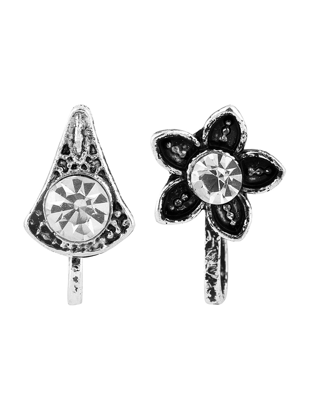 

Sanjog Set Of 2 Oxidised Silver-Plated White Stone Studded Stud Nosepin