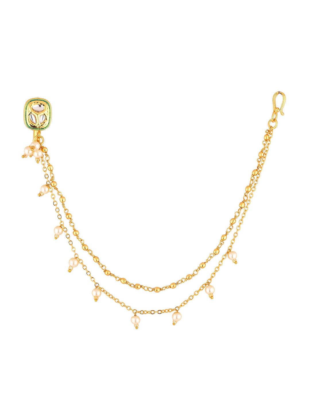

Sanjog Gold-Plated White Kundan Studded & Beaded Multi-layered Chained Nose Pin
