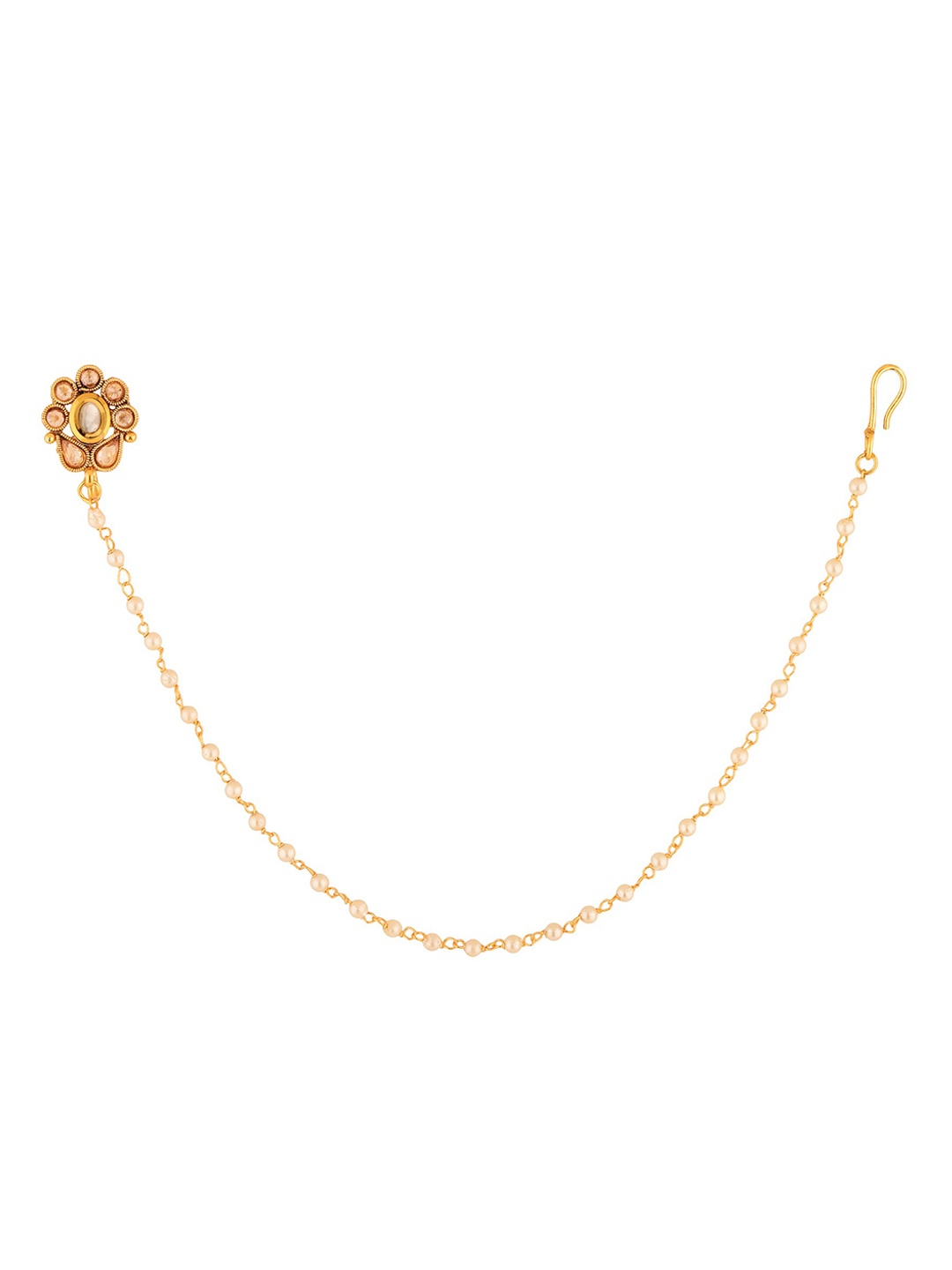 

Sanjog Gold-Plated White Kundan Studded & Beaded Chained Nose Pin