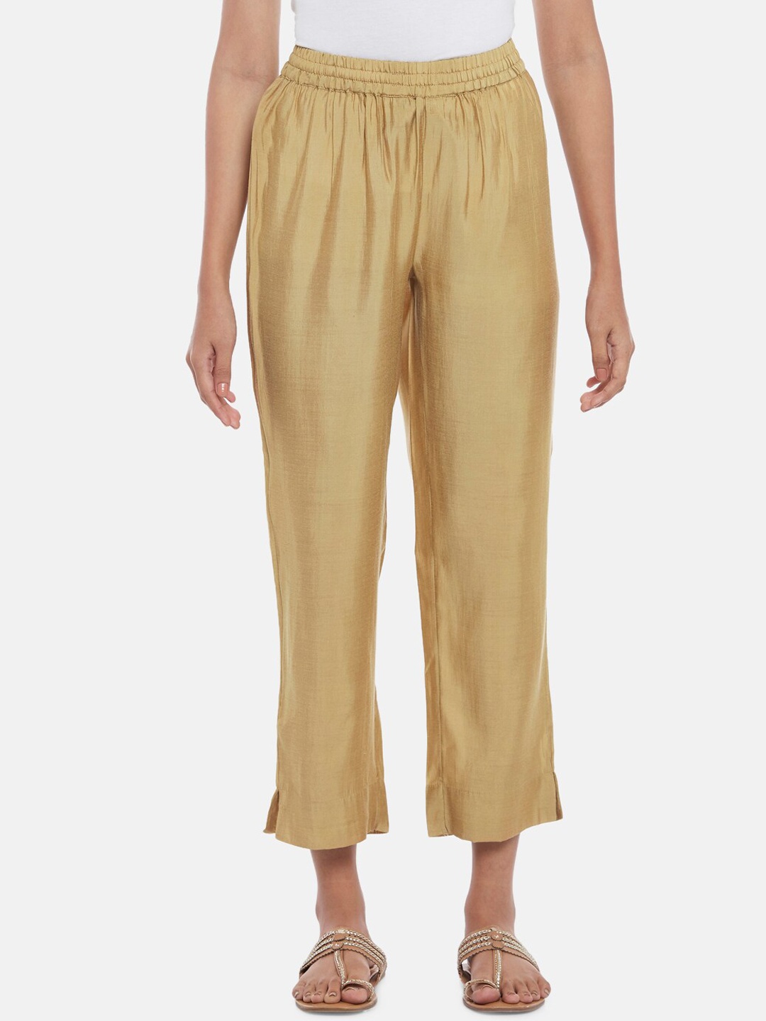 

RANGMANCH BY PANTALOONS Women Gold-Toned Solid Crop Trouser
