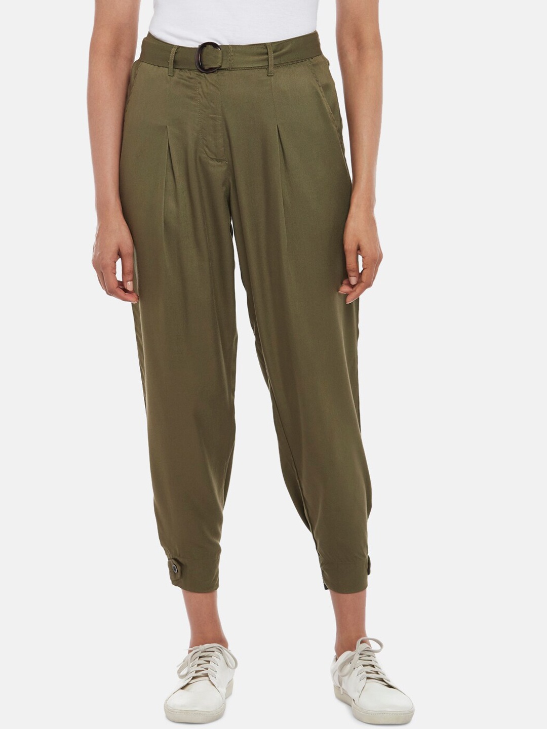 

Honey by Pantaloons Women Green High-Rise Pleated Joggers Trousers