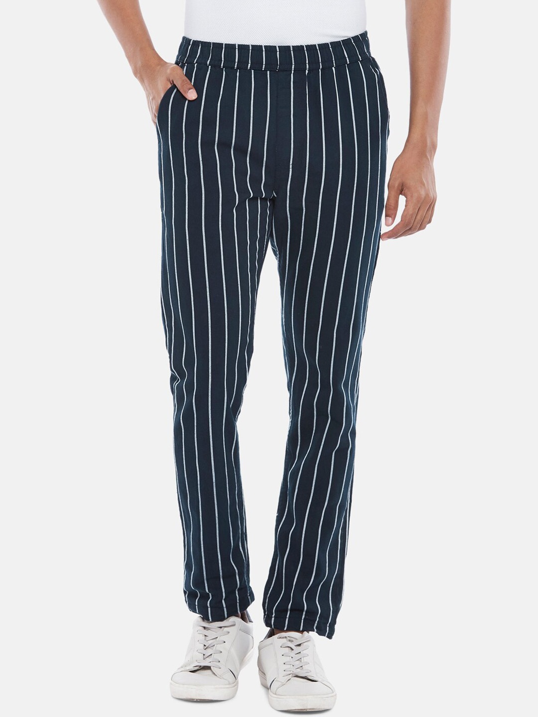 

Urban Ranger by pantaloons Men Navy Blue Striped Slim Fit Trousers