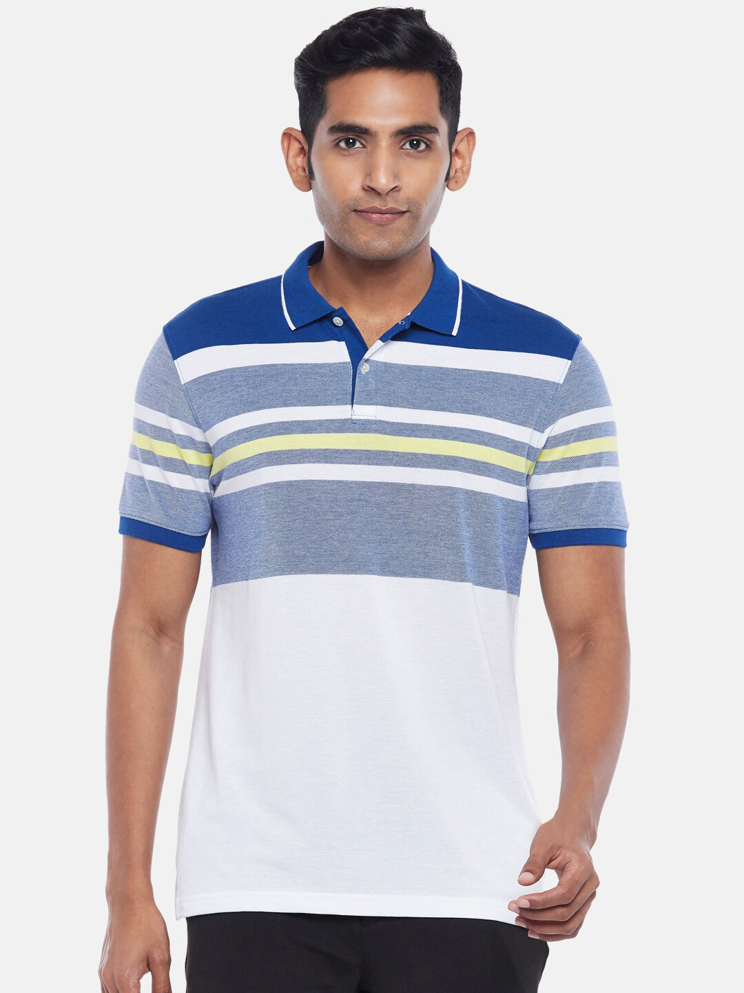 

BYFORD by Pantaloons Men Blue & White Striped Polo Collar Slim Fit T-shirt