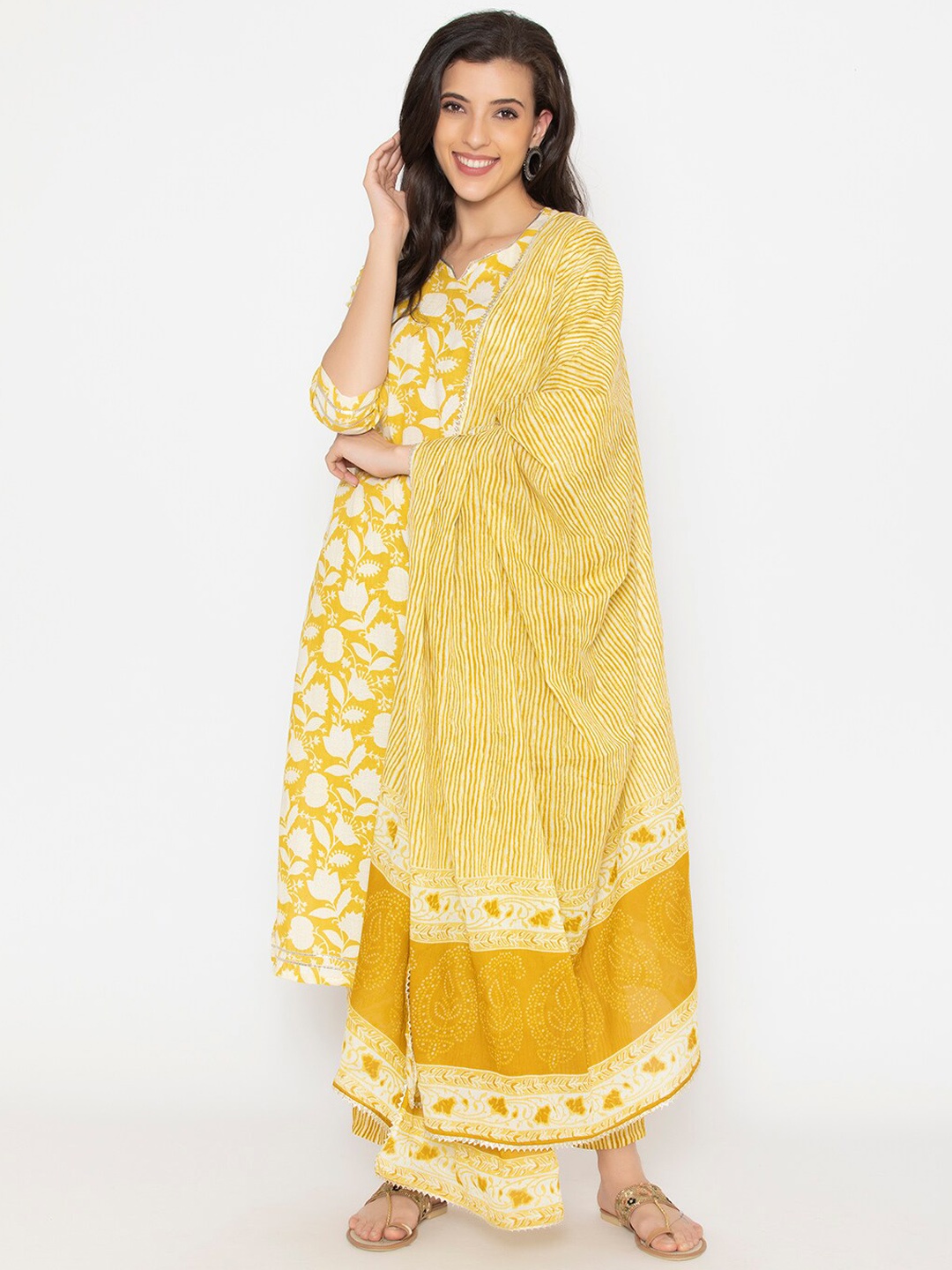 

KALINI Women Yellow Ethnic Motifs Printed Pure Cotton Kurta with Palazzos & With Dupatta
