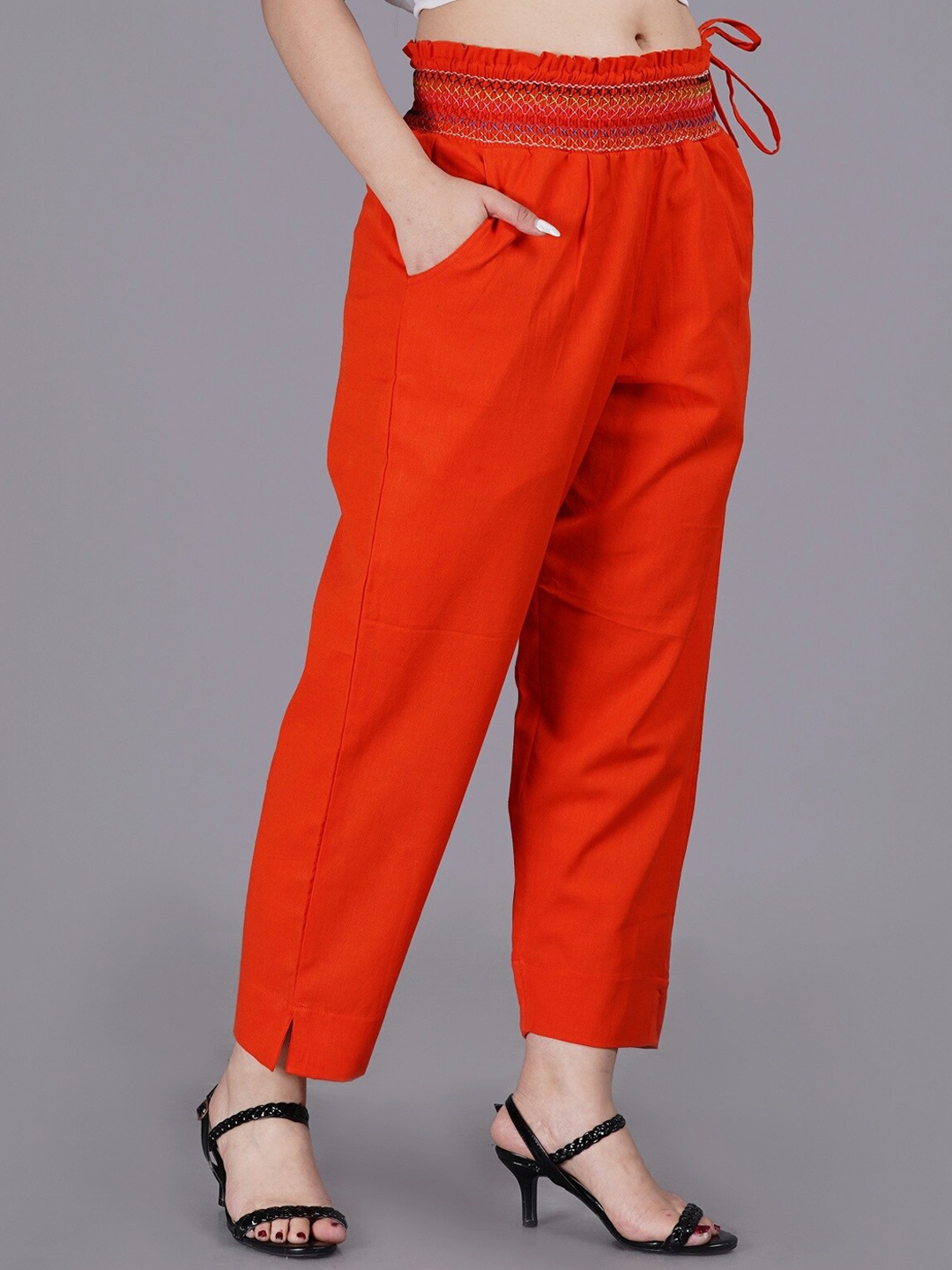 

SUMAVI-FASHION Women Orange Cotton Embellished Pleated Trousers