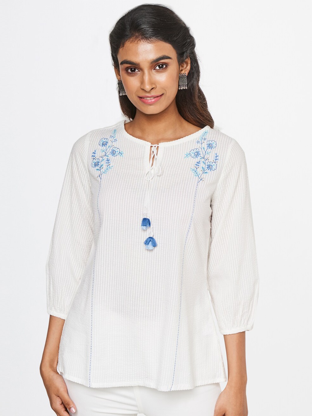 

Global Desi White & Blue Floral Embroidered Top