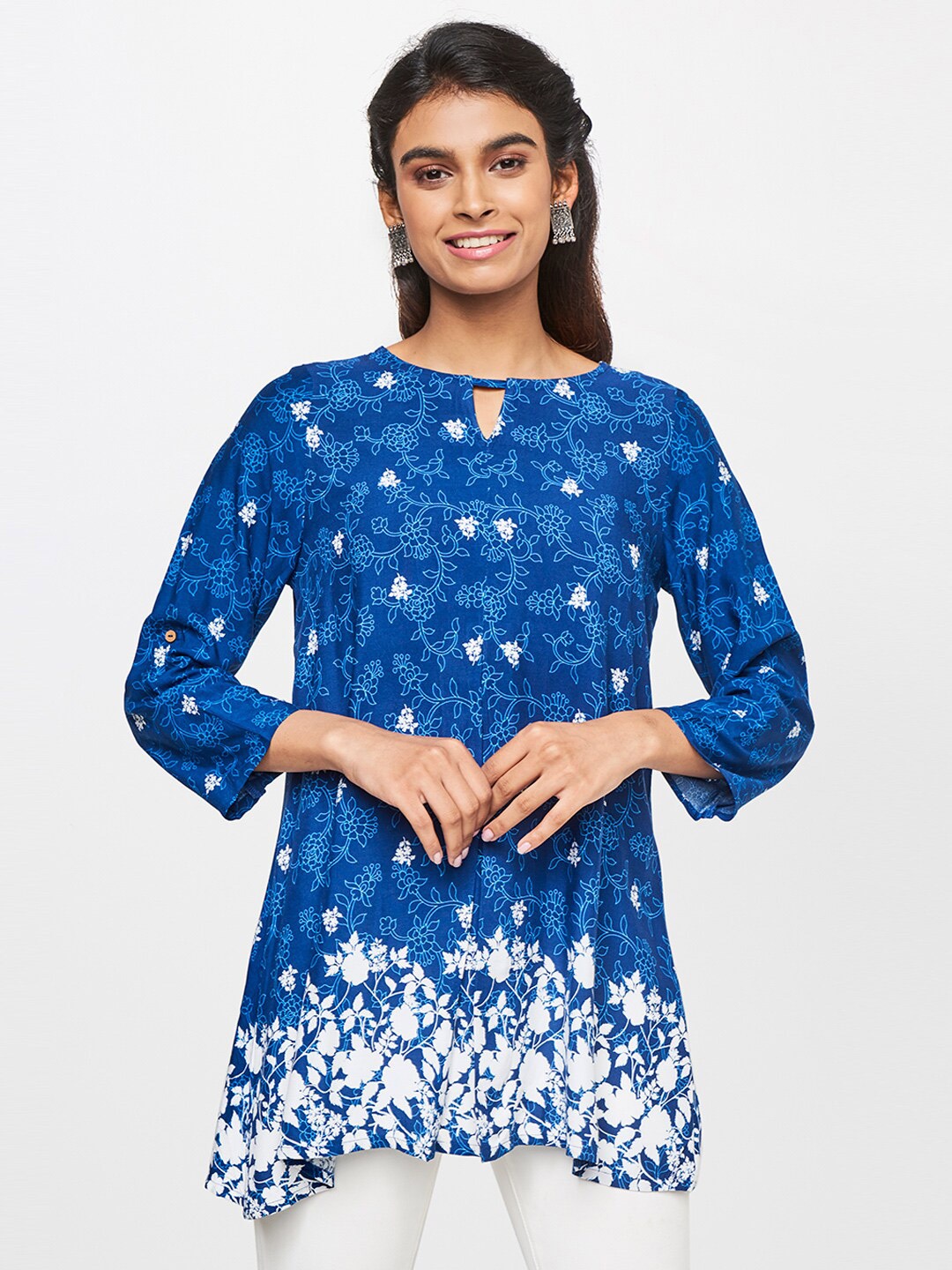 

Global Desi Women Blue Flared Printed Floral Top