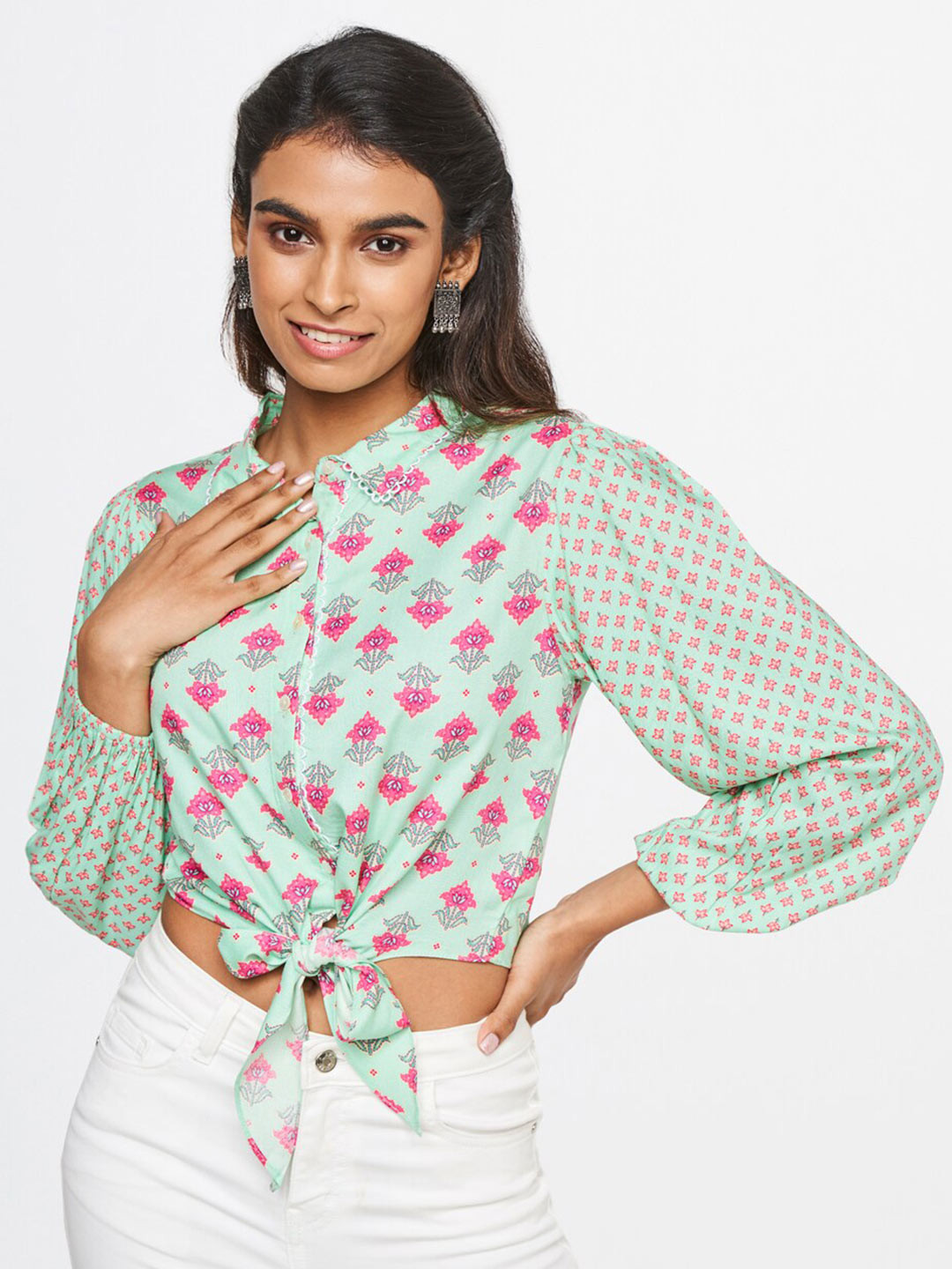 

Global Desi Blue Floral Print Mandarin Collar Shirt Style Crop Top