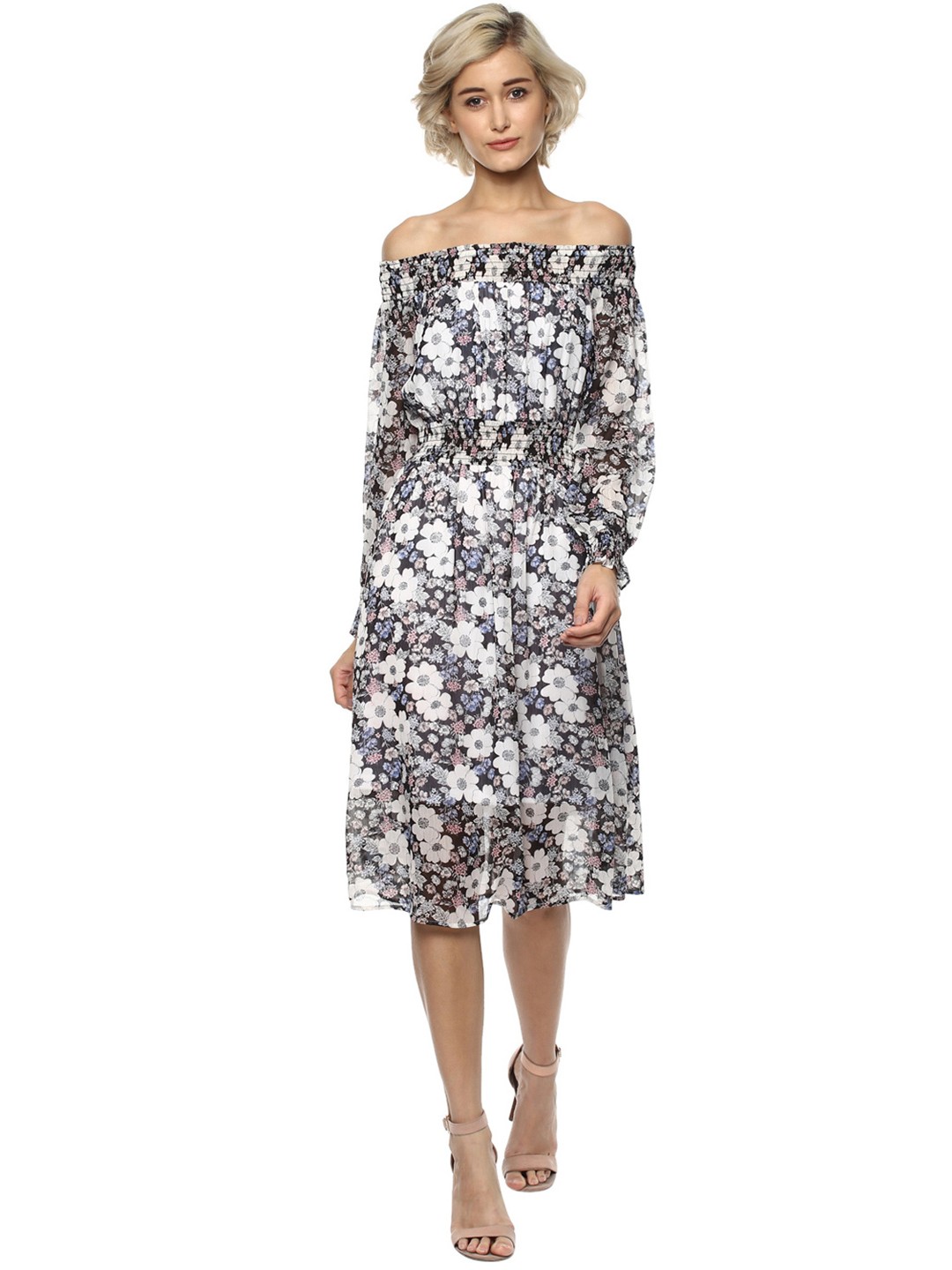 

Harpa Women Off-White Printed Fit and Flare Off-Shoulder Dress