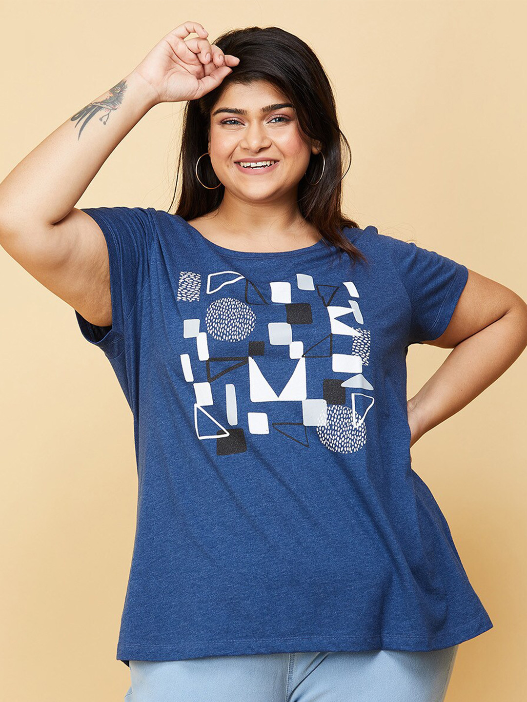 

max Plus Size Women Blue Printed Pure Cotton T-shirt