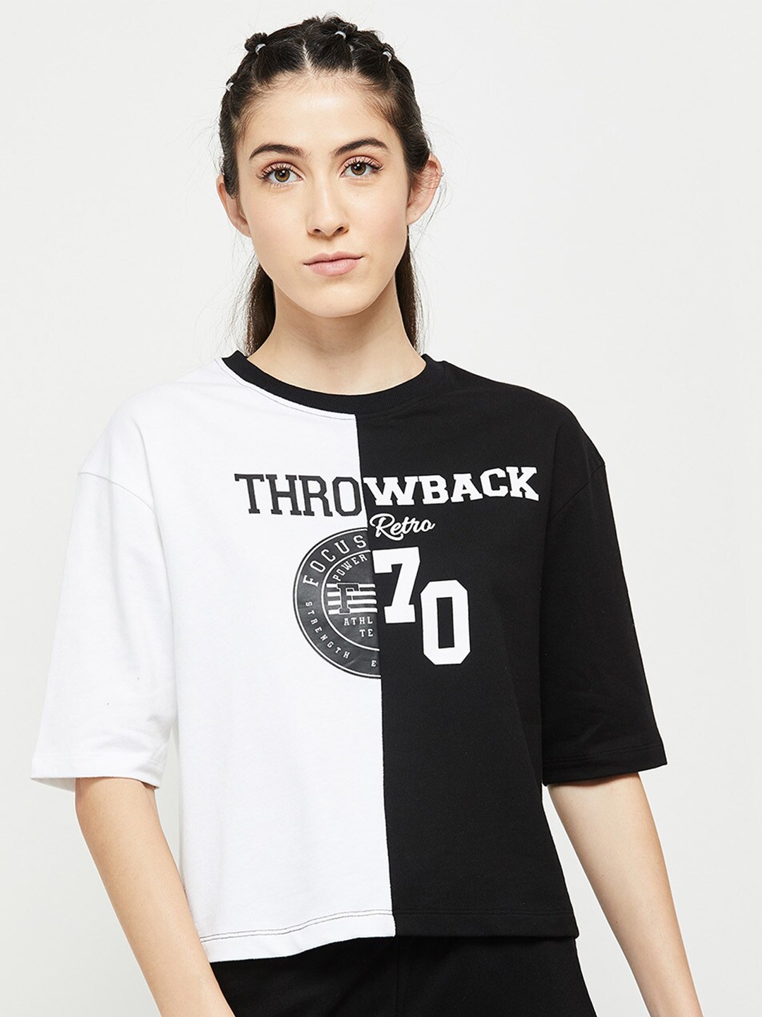

max Women Black Typography Printed Applique T-shirt