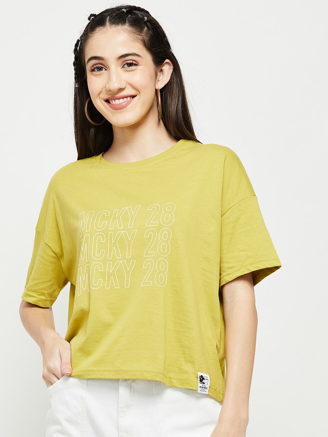 max Women Mustard Yellow Typography Printed Drop-Shoulder Sleeves T-shirt