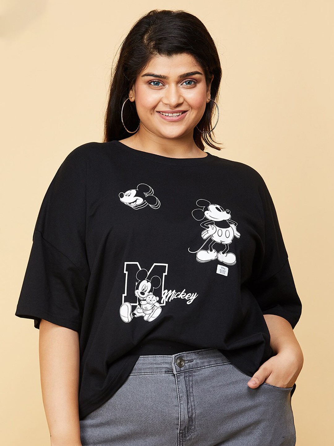 

max Plus Size Women Black Mickey Mouse Printed Pure Cotton T-shirt