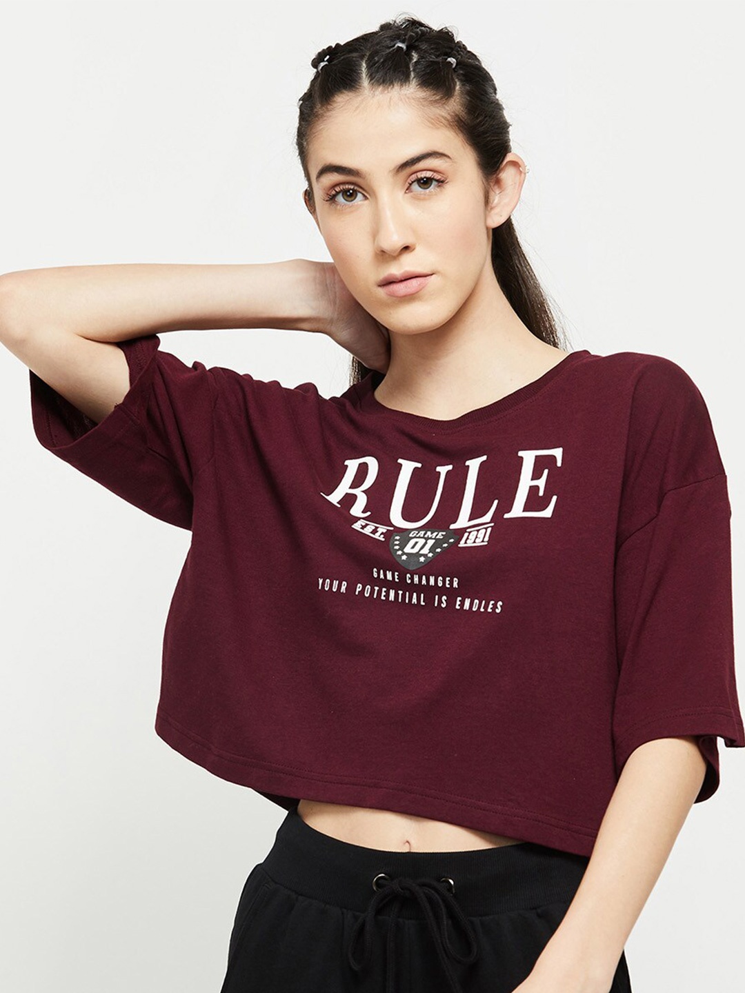 Max Women Burgundy Typography Drop-Shoulder Sleeves T-shirt