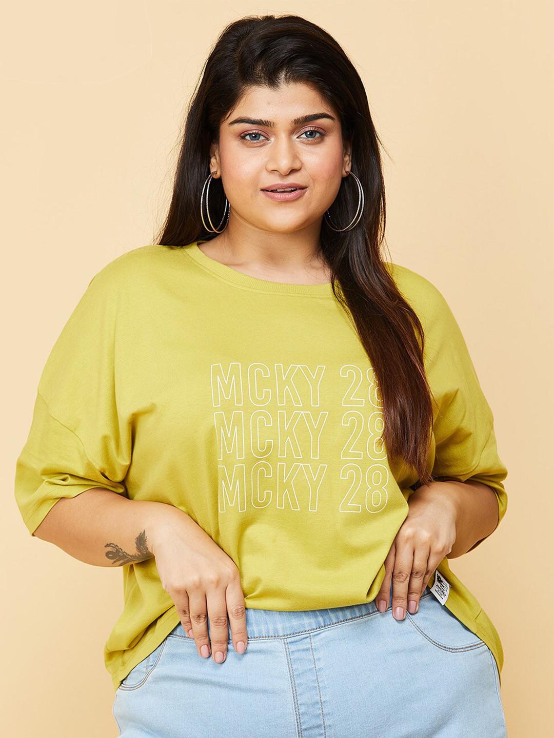 

max Plus-Size Women Mustard Yellow & White Printed Pure Cotton T-shirt