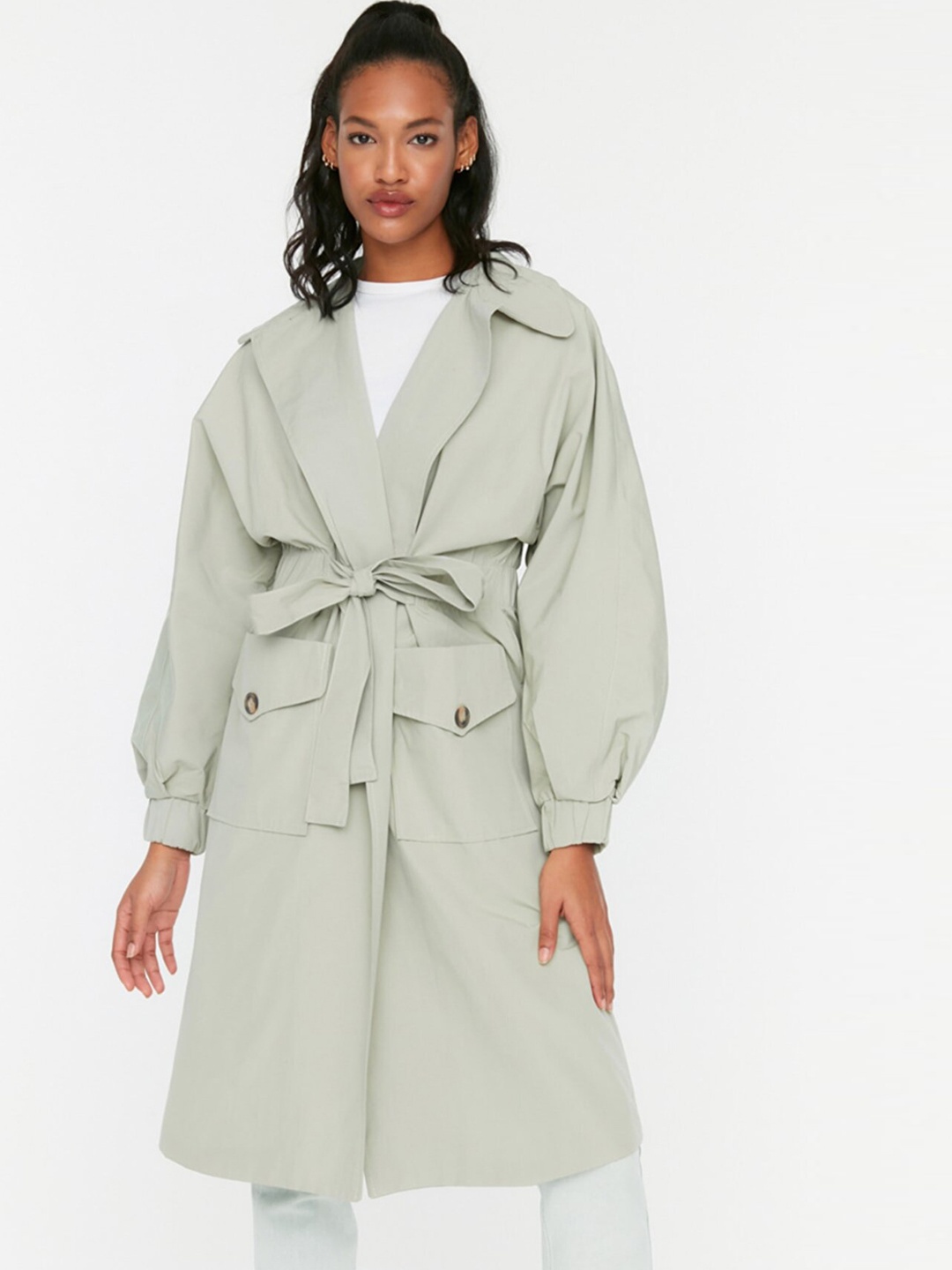 

Trendyol Women Grey Solid Longline Trench Coat