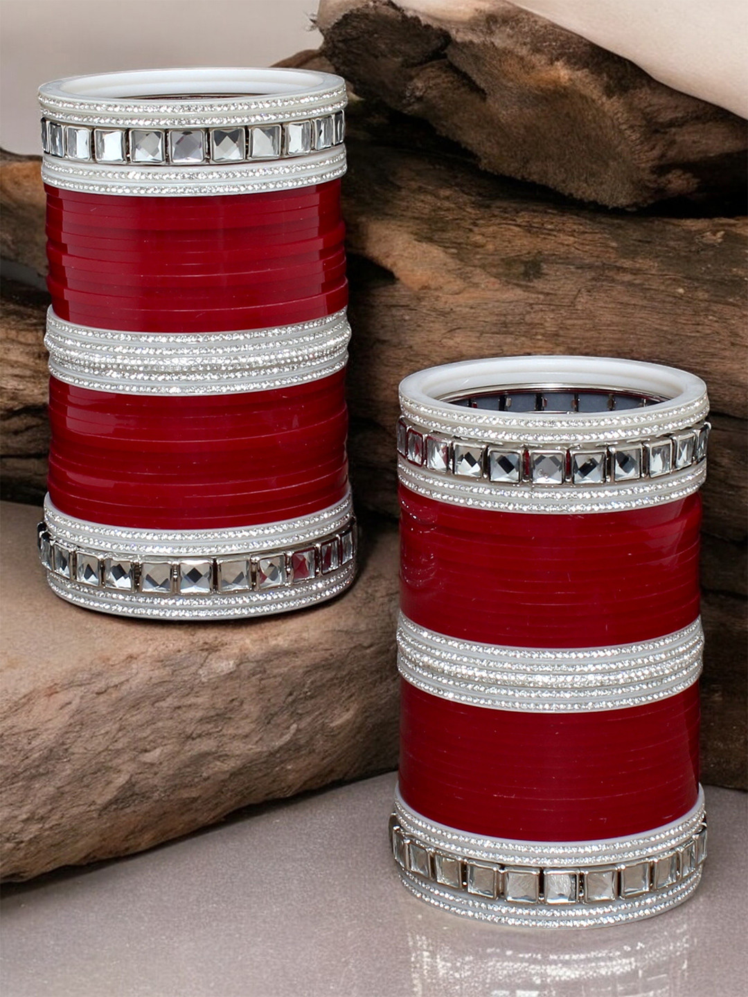 

LUCKY JEWELLERY Women Set of 2 Maroon & White Stone-Studded Punjabi Chura Bridal Wedding Bangle Set