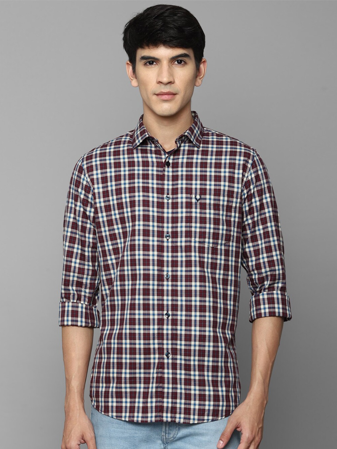 

Allen Solly Men Maroon Slim Fit Tartan Checks Checked Pure cotton Casual Shirt
