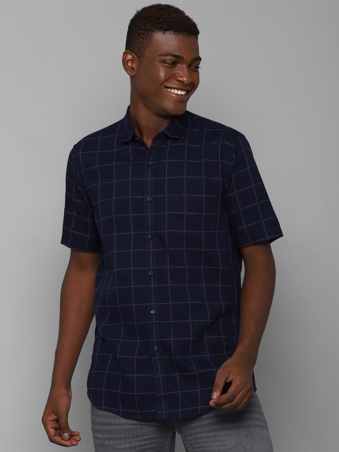 

Allen Solly Men Navy Blue Slim Fit Windowpane Checked Casual Pure Cotton Shirt