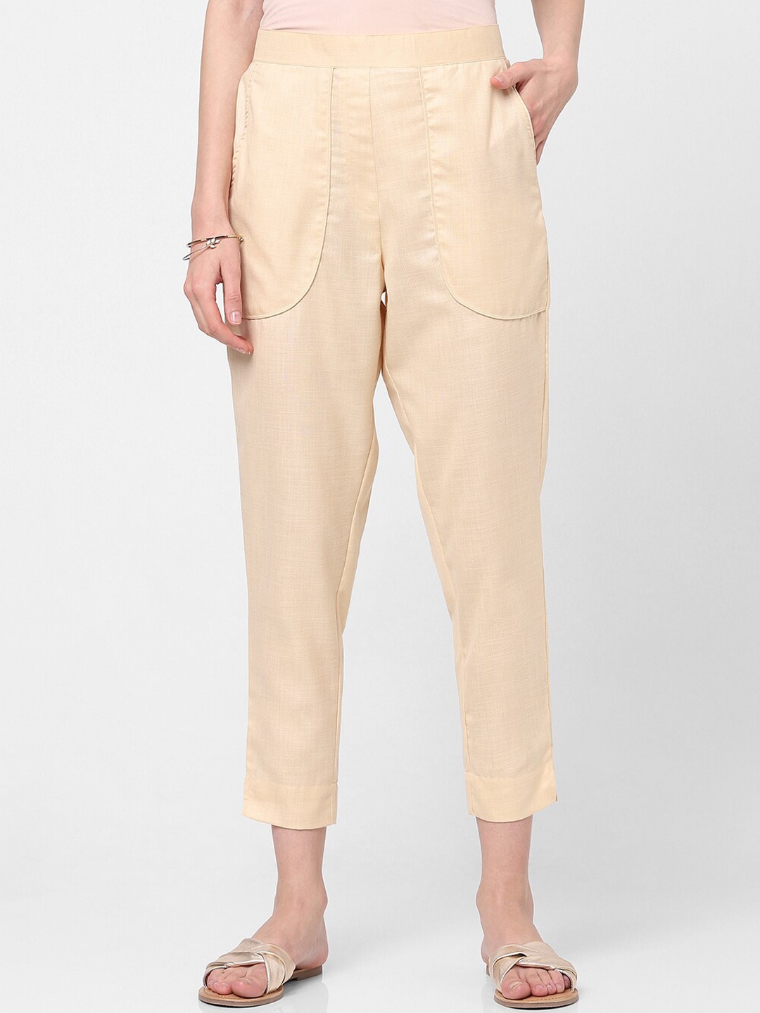 

Indifusion Women Beige High-Rise Pleated Trouser