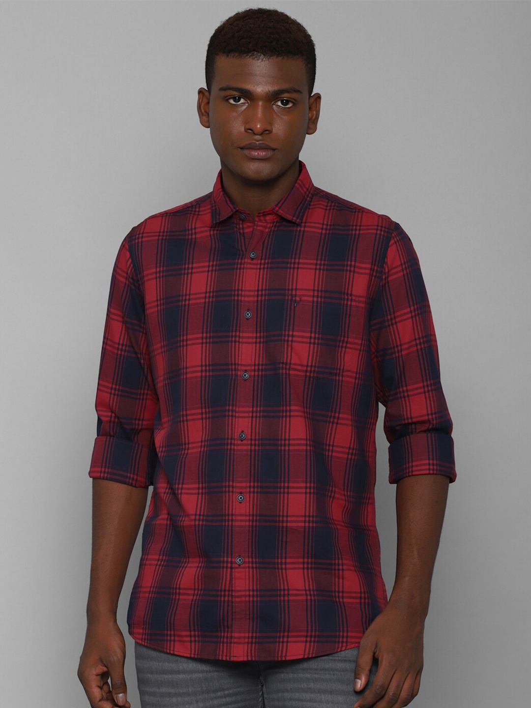 

Allen Solly Sport Men Red and Navy Blue Checked Cotton Casual Shirt
