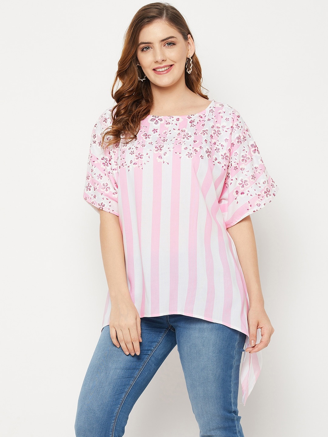 

Ruhaans Women Pink & White Printed Rayon Tunic