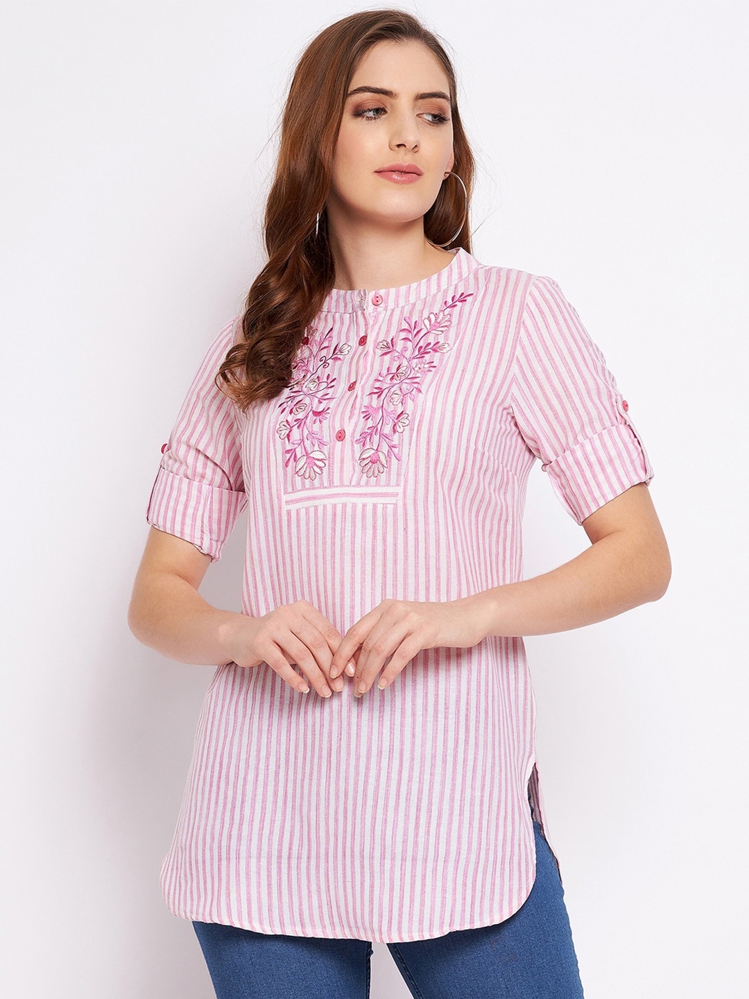 

Ruhaans Pink & White Mandarin Collar Striped Embroidered Cotton Tunic