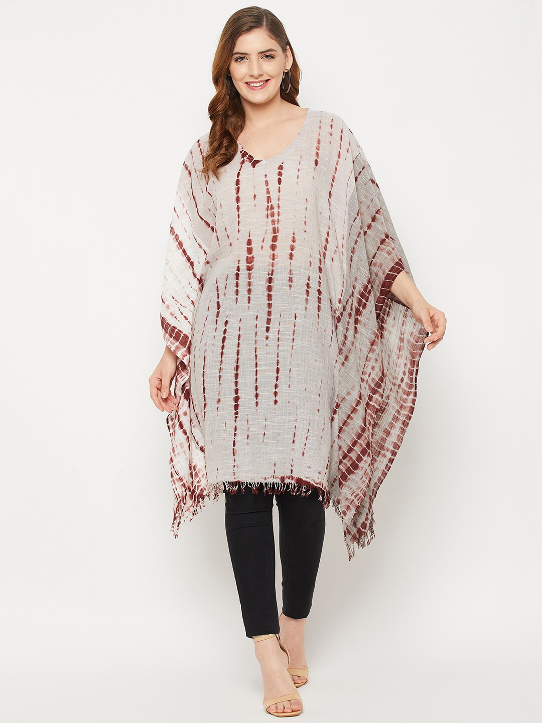 

Ruhaans Women Beige & Brown Tie and Dye Print Kaftan Pure Cotton Top