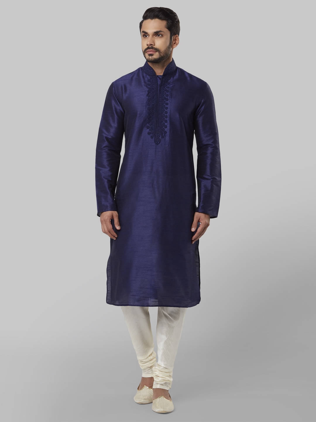 

Ethnix by Raymond Men Navy Blue Floral Yoke Design Thread Work Kurta
