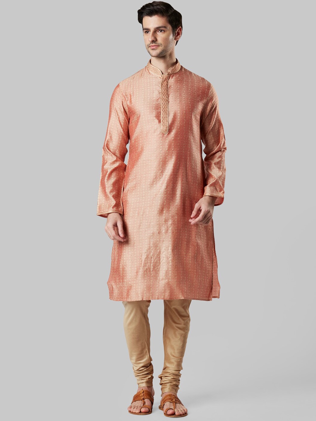 

Ethnix by Raymond Men Peach-Coloured Woven Design Mandarin Collar Kurta