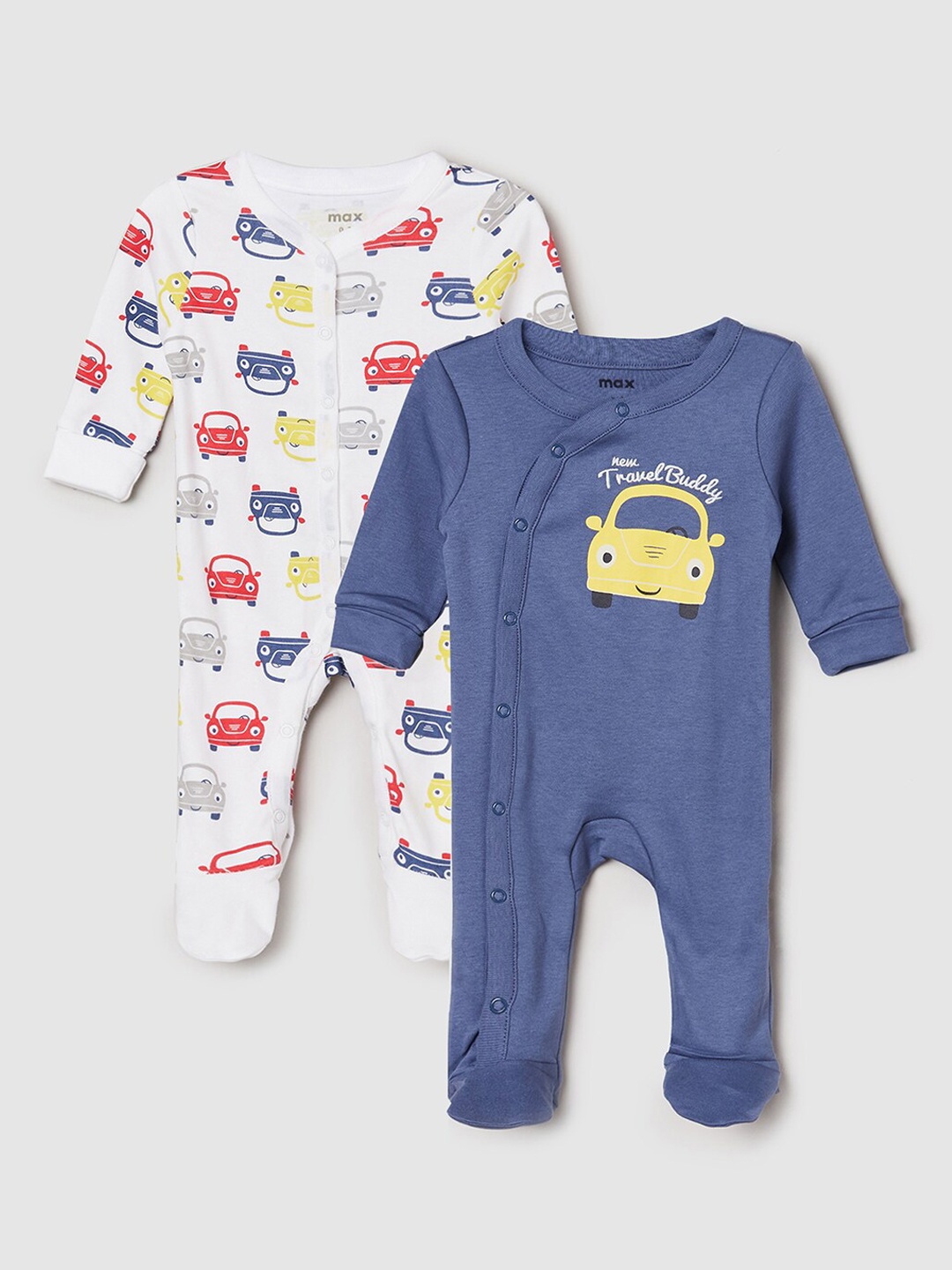

max Infant Boys Pack Of 2 Printed Pure Cotton Sleepsuits, White