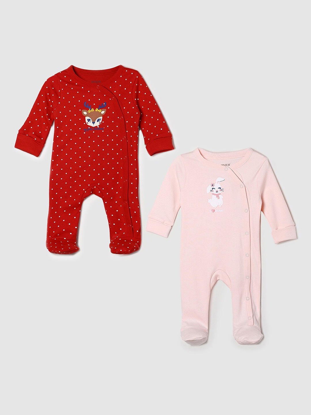 

max Infant Girls Pack Of 2 Printed Pure Cotton Sleepsuit, Pink