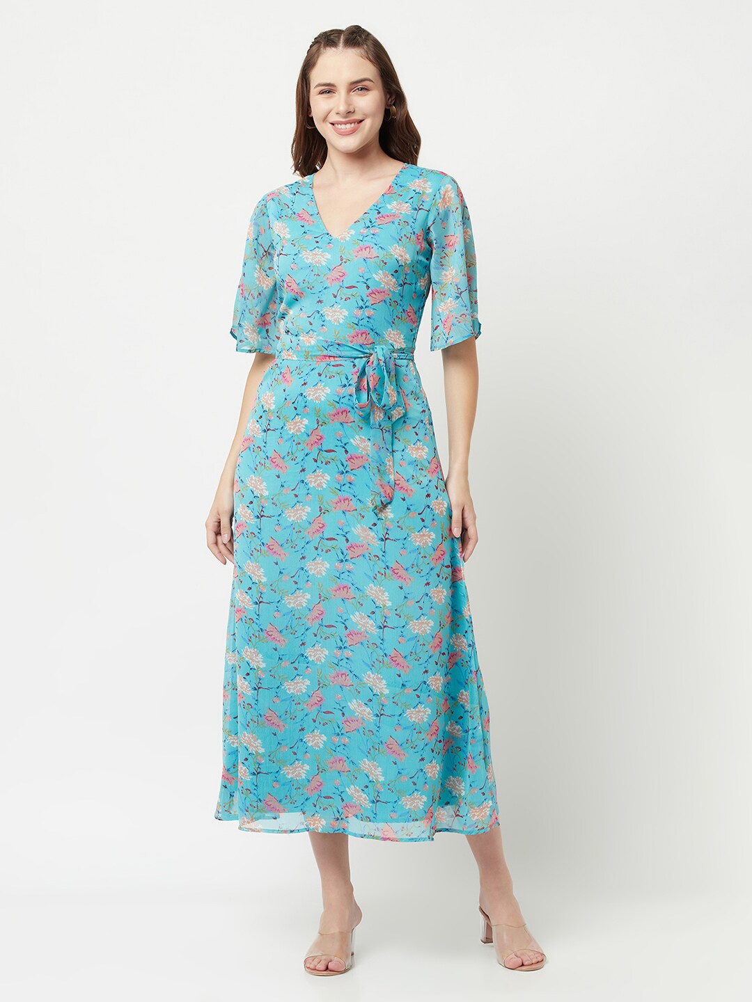 

SQew Women Blue Floral Chiffon Midi Dress