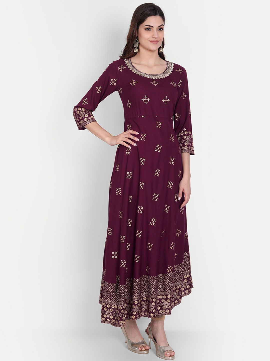 

KASHEEDA Women Burgundy Ethnic Motifs Printed Anarkali Kurta