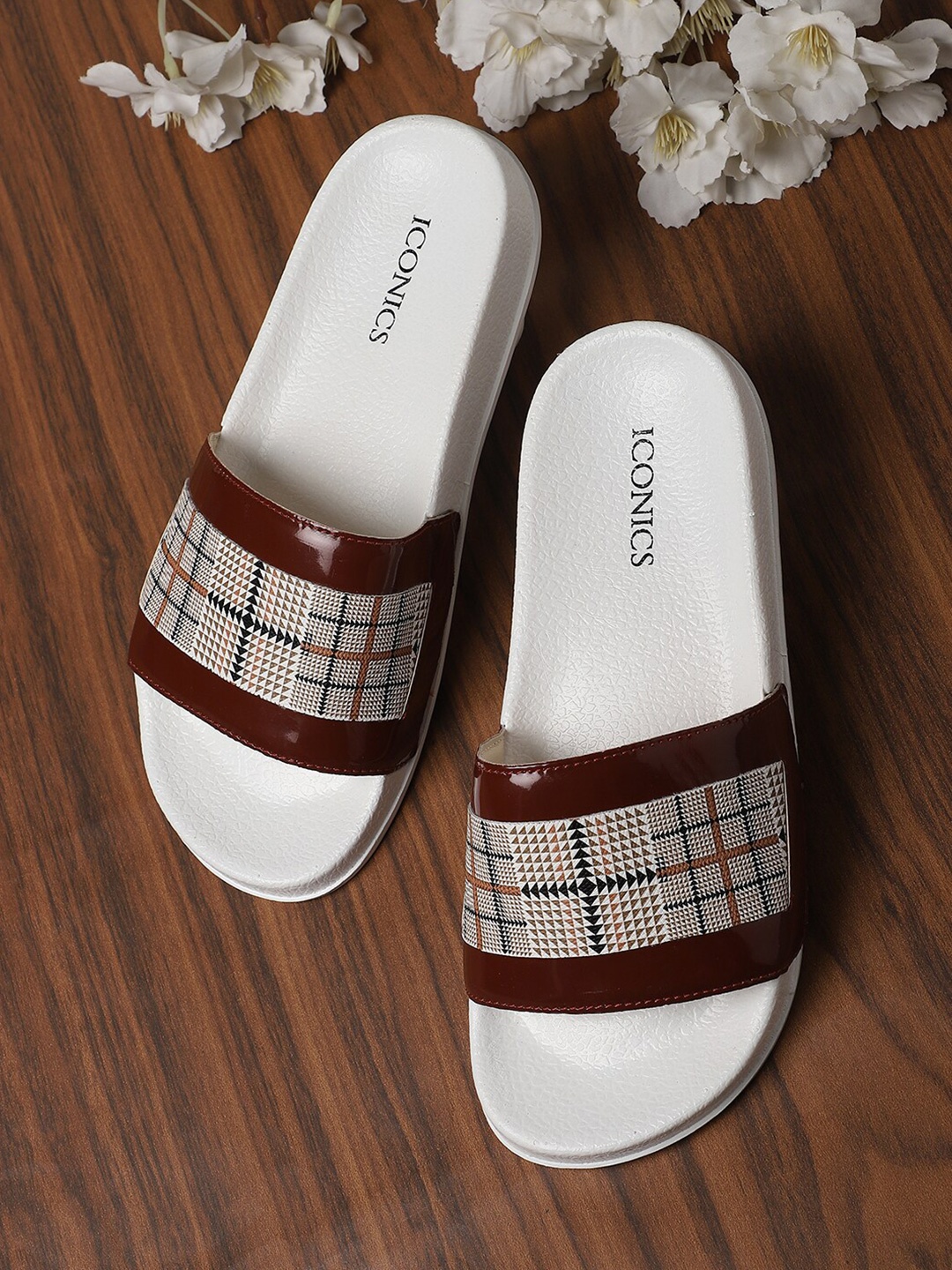 

ICONICS Women Brown & White Printed Sliders