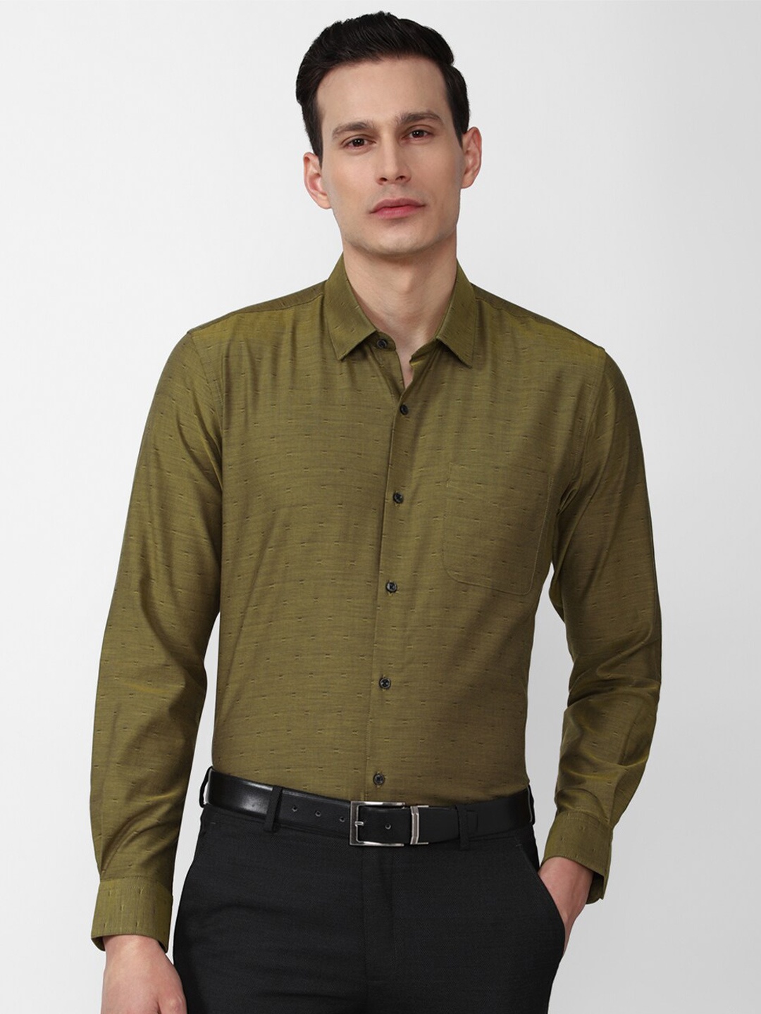 

Peter England Men Olive Green Self Design Formal Shirt