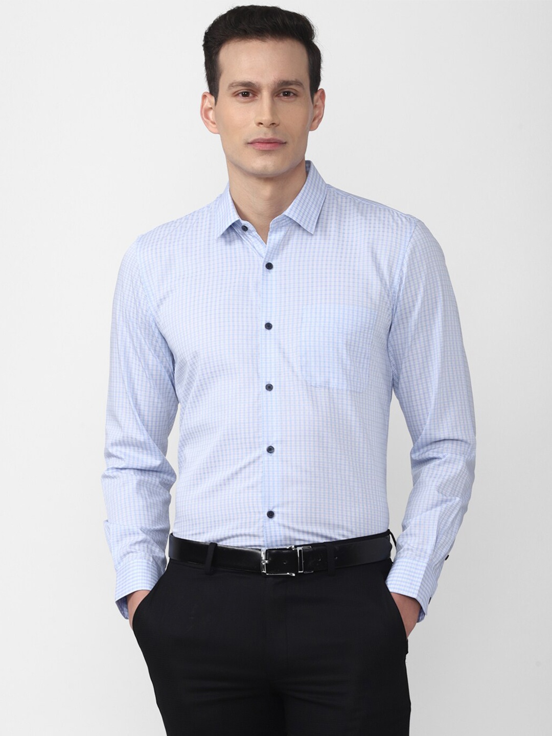 

Peter England Men Blue Slim Fit Grid Tattersall Checks Striped Cotton Formal Shirt