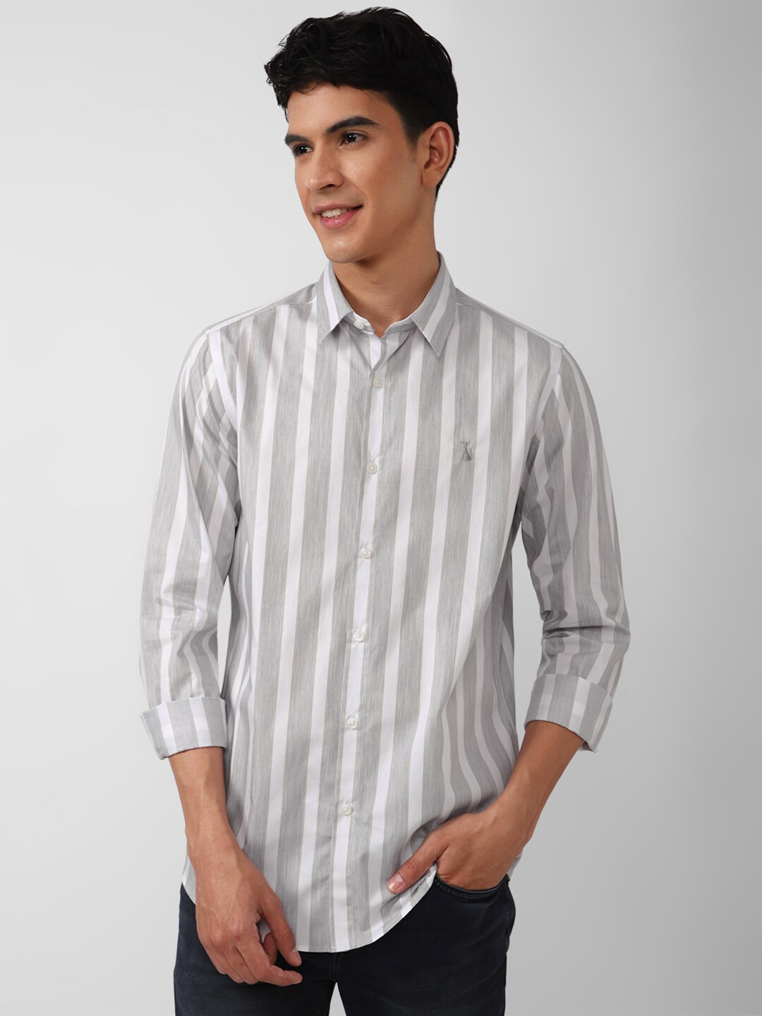 

SIMON CARTER LONDON Men Grey Slim Fit Striped Cotton Casual Shirt