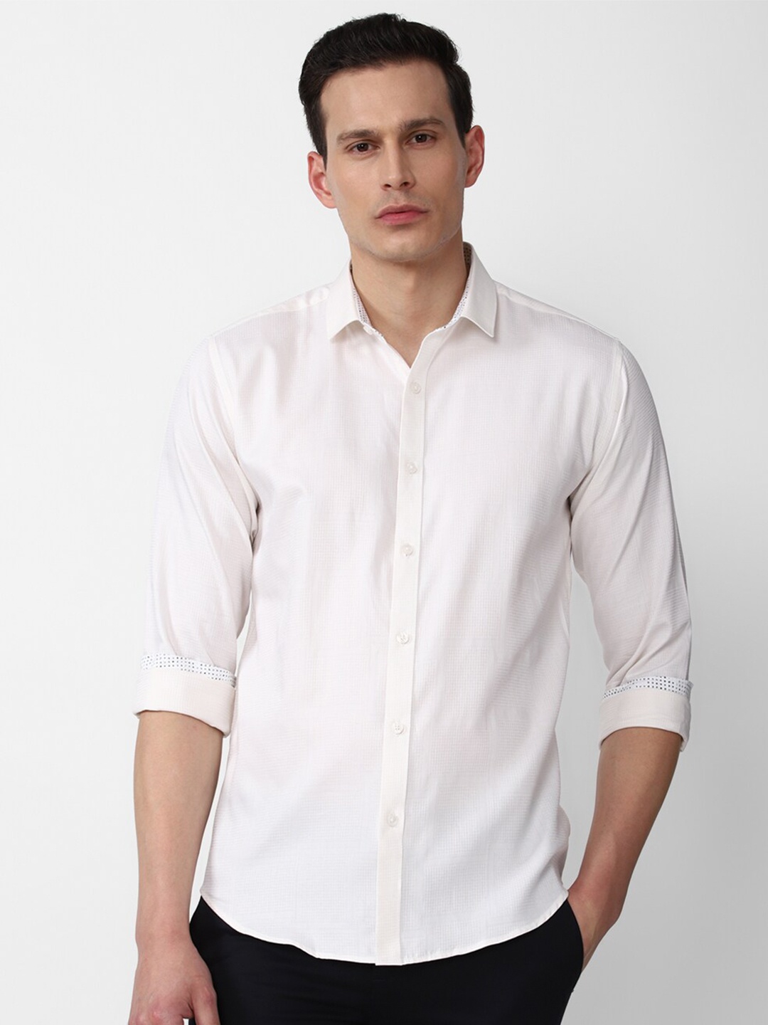 

V Dot Men Cream Cotton Slim Fit Casual Shirt