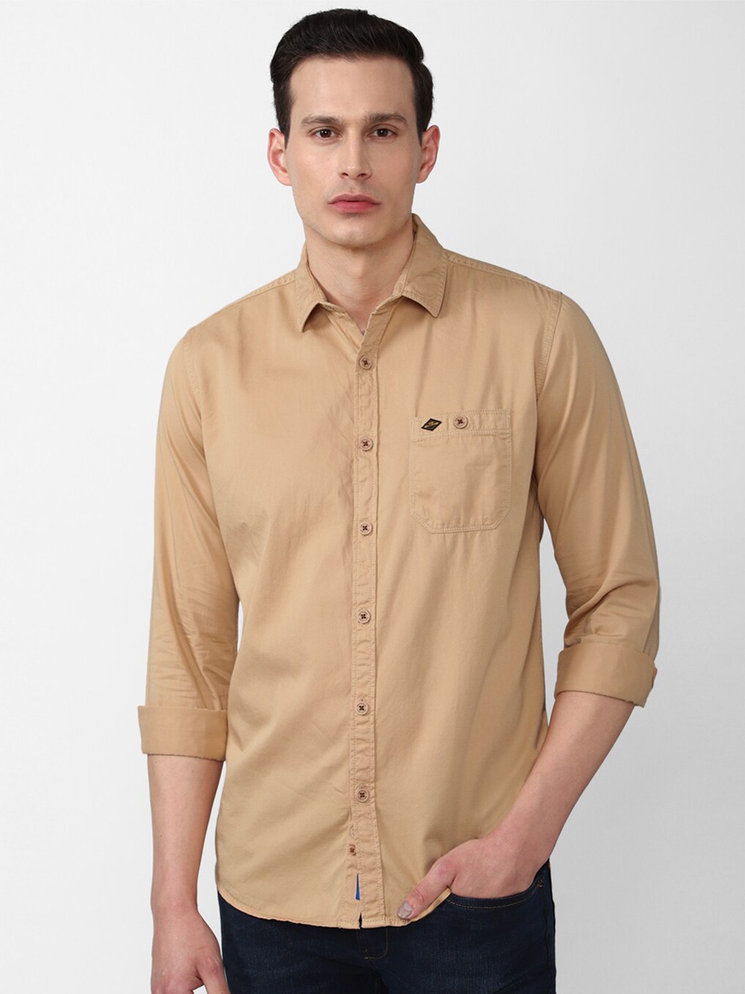 

VAN HEUSEN DENIM LABS Men Khaki Solid Slim Fit Casual Shirt